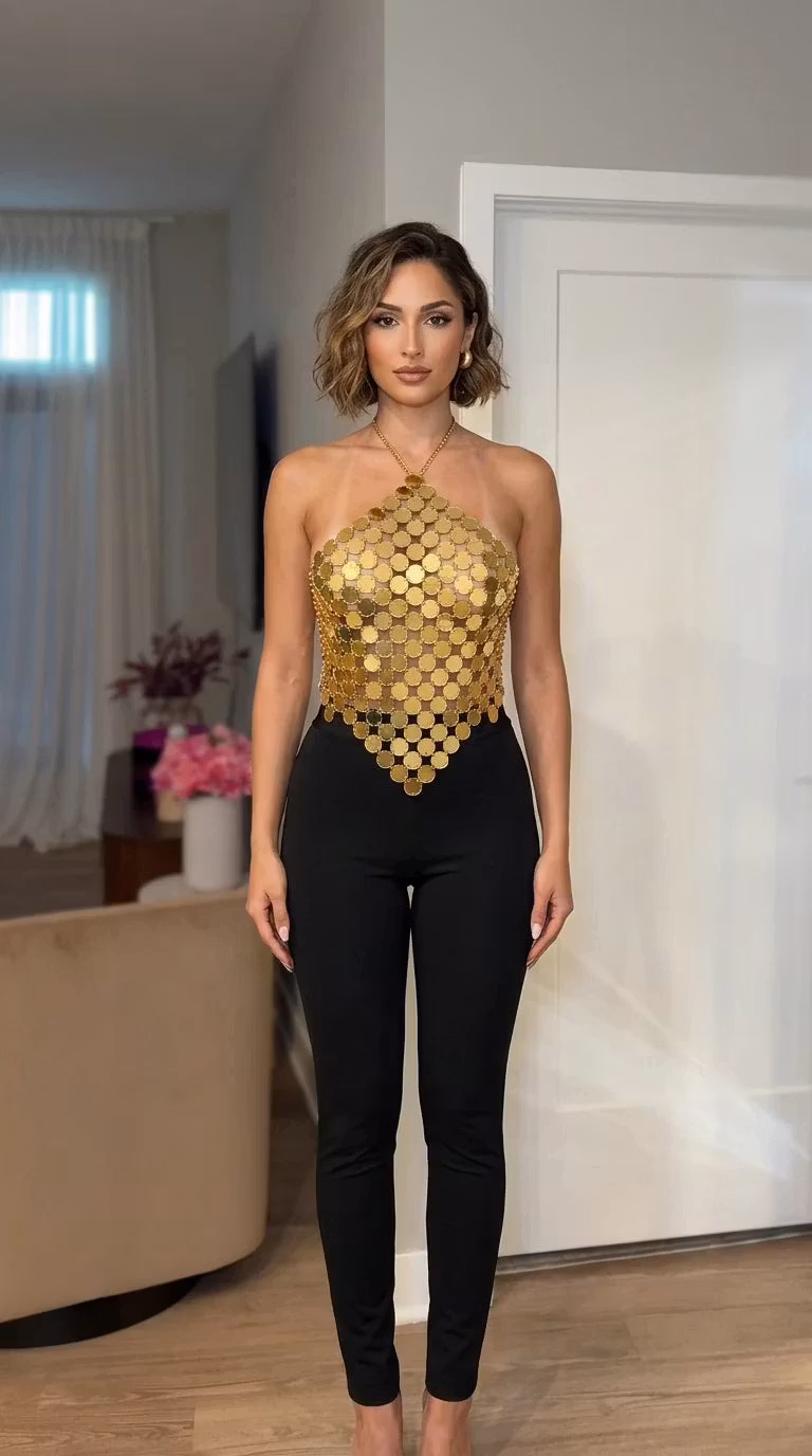 Metallic Sequin Halter Party Top - ryffhq