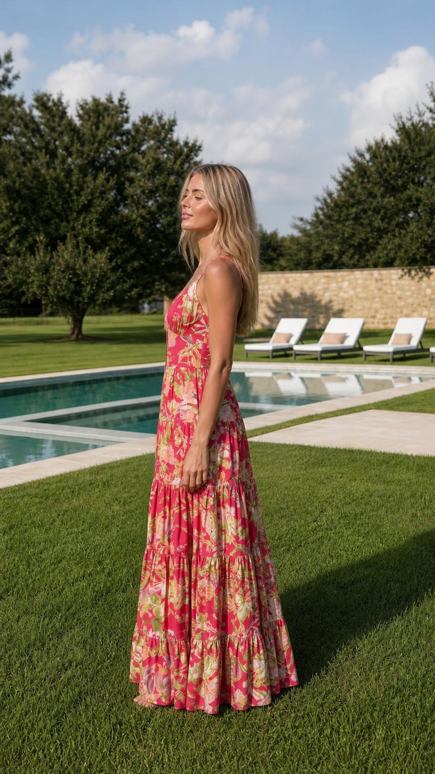 Floral Print V-Neck Spaghetti Strap Tiered Maxi Dress - ryffhq