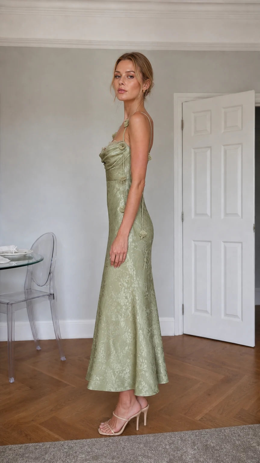 Satin Floral Jacquard Cowl Neck Midi Dress with Rosette Straps - ryffhq