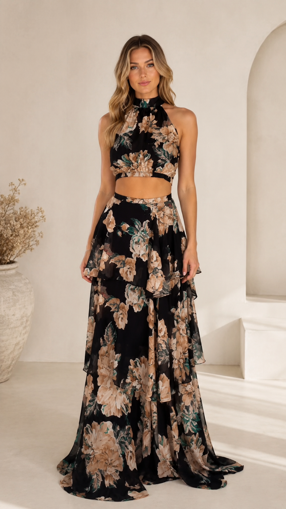 Tiered Halter Two-Piece Maxi Dress Set - ryffhq
