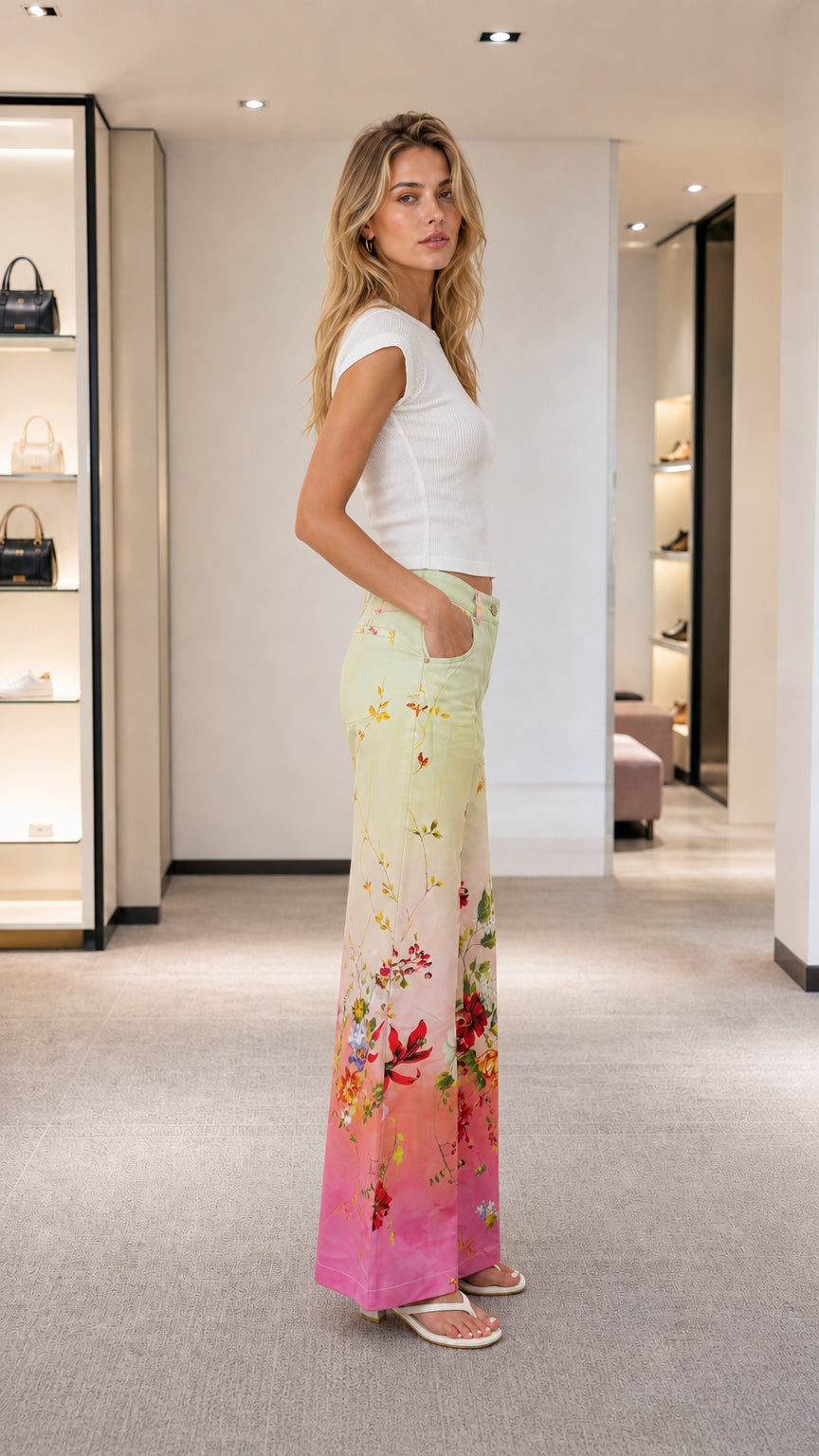 Floral Print Wide Leg Denim Trousers - ryffhq