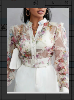 Lace Floral Chiffon Shirt Long Sleeve Ruffle-Trimmed Blouse - ryffhq