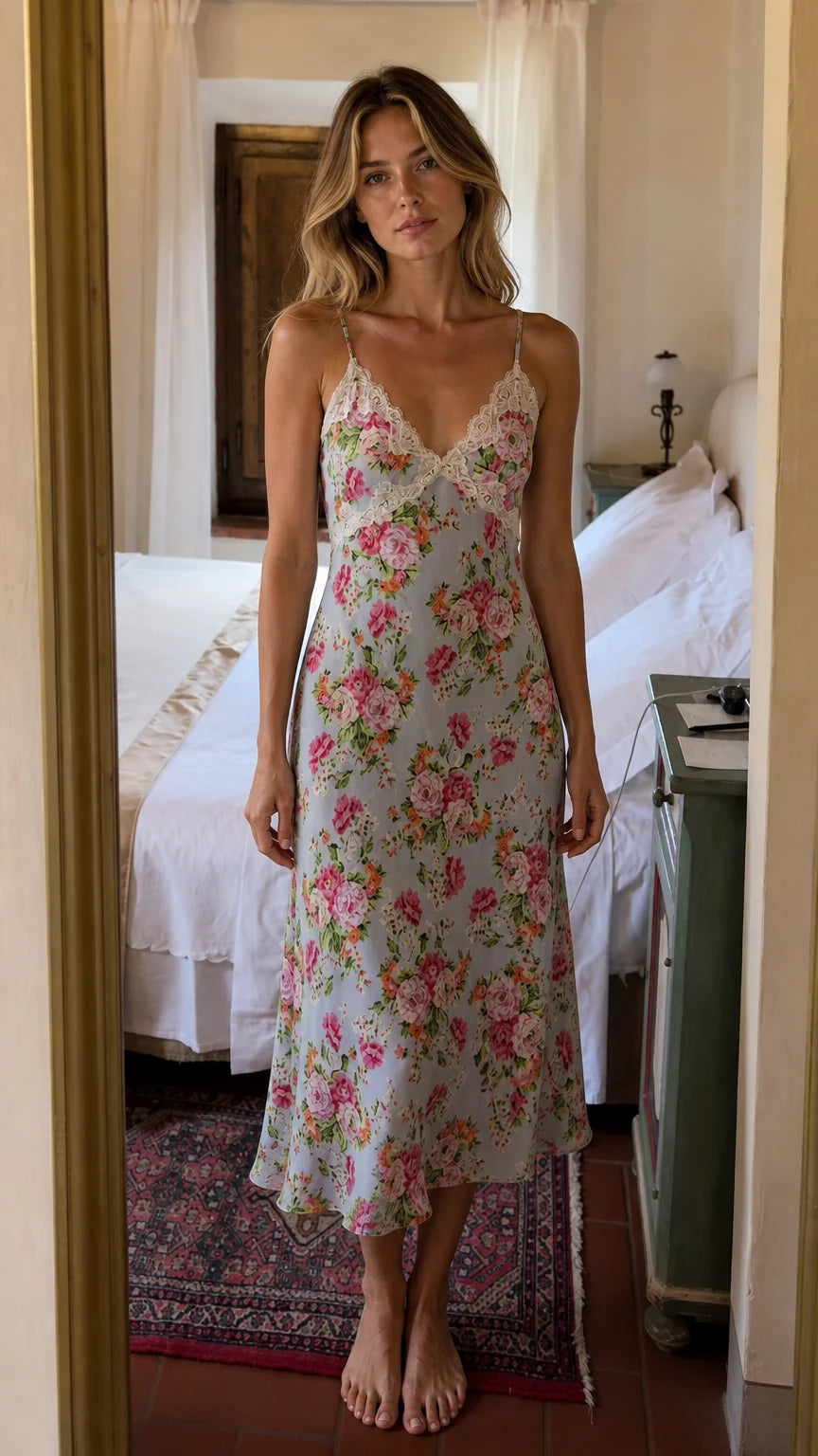 Vintage Floral Lace Trim Cami Midi Slip Dress - ryffhq