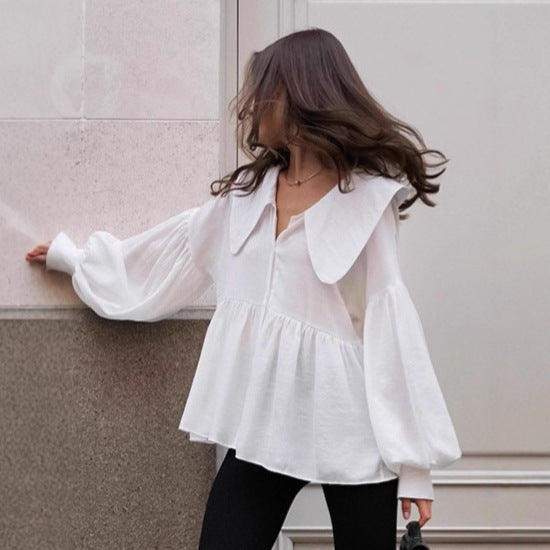 White Doll-Collar Shirt With Lantern Sleeves - ryffhq