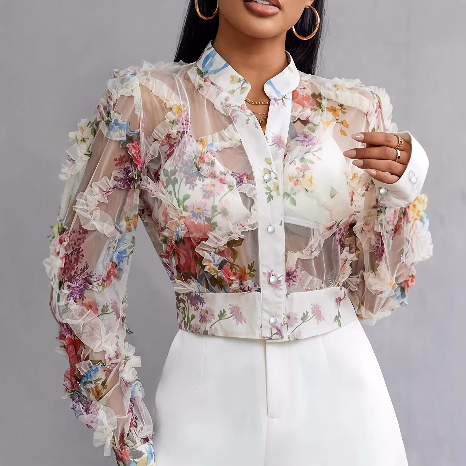 Lace Floral Chiffon Shirt Long Sleeve Ruffle-Trimmed Blouse - ryffhq