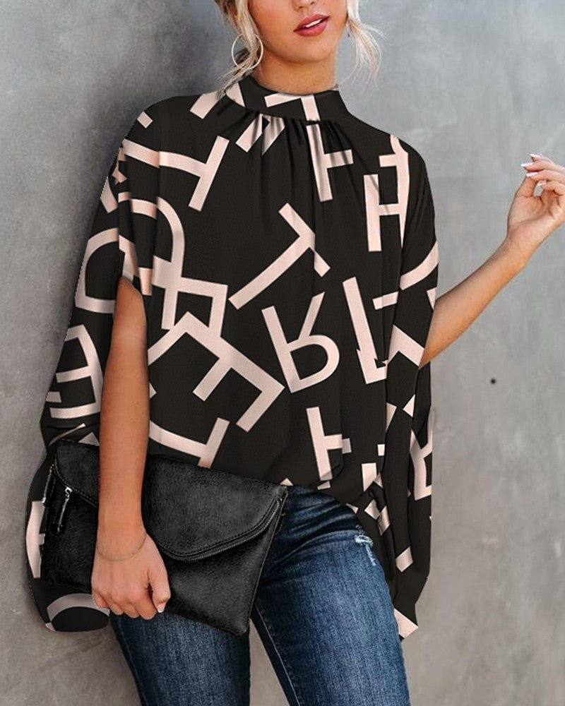 Round Neck Loose Doll Sleeve Print Shirt Top - ryffhq