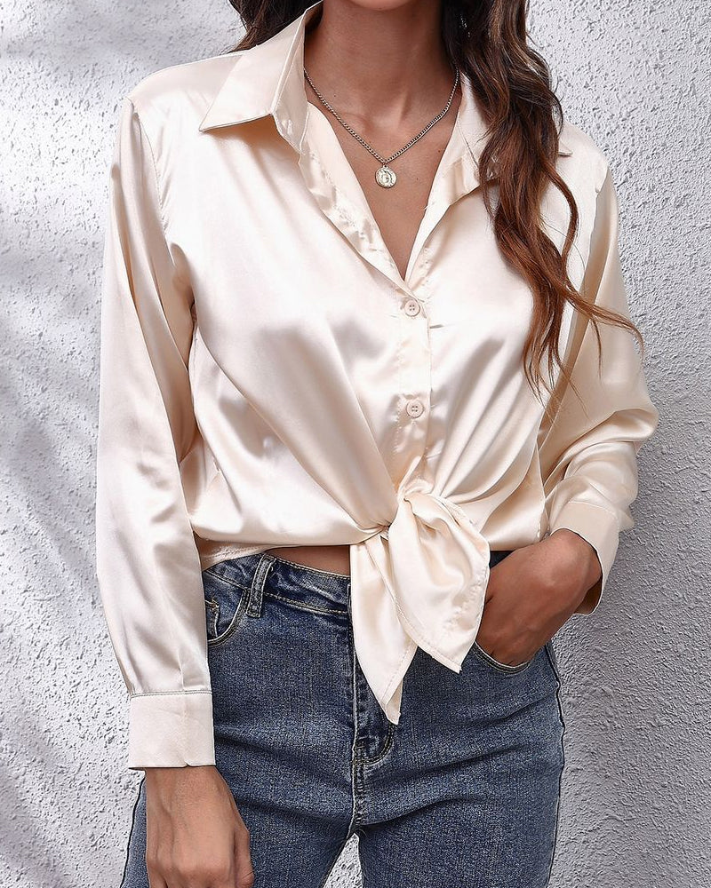Solid Color Lapel Long Sleeve Shirt - ryffhq