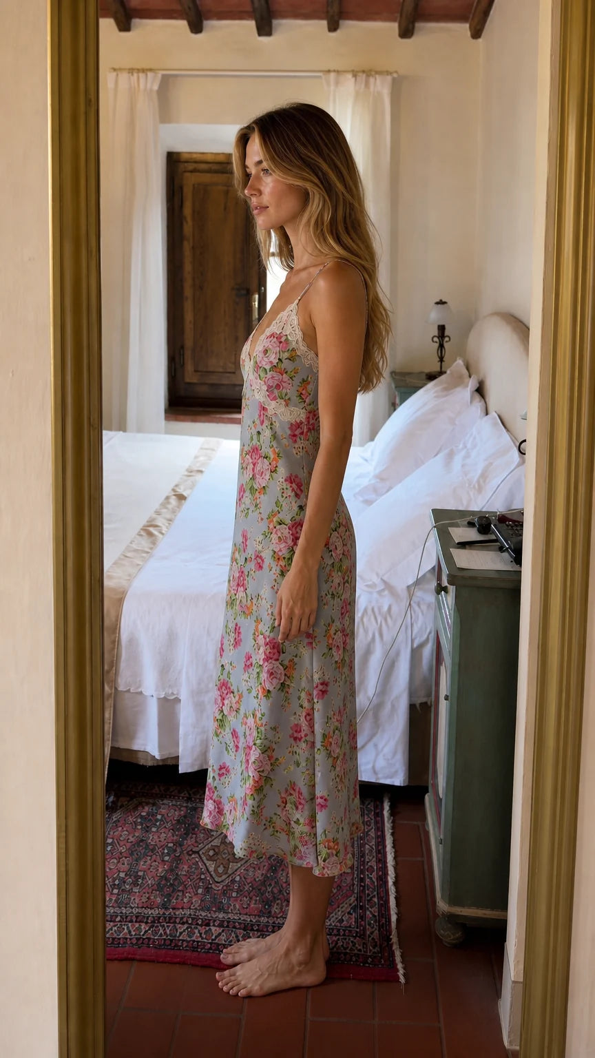 Vintage Floral Lace Trim Cami Midi Slip Dress - ryffhq