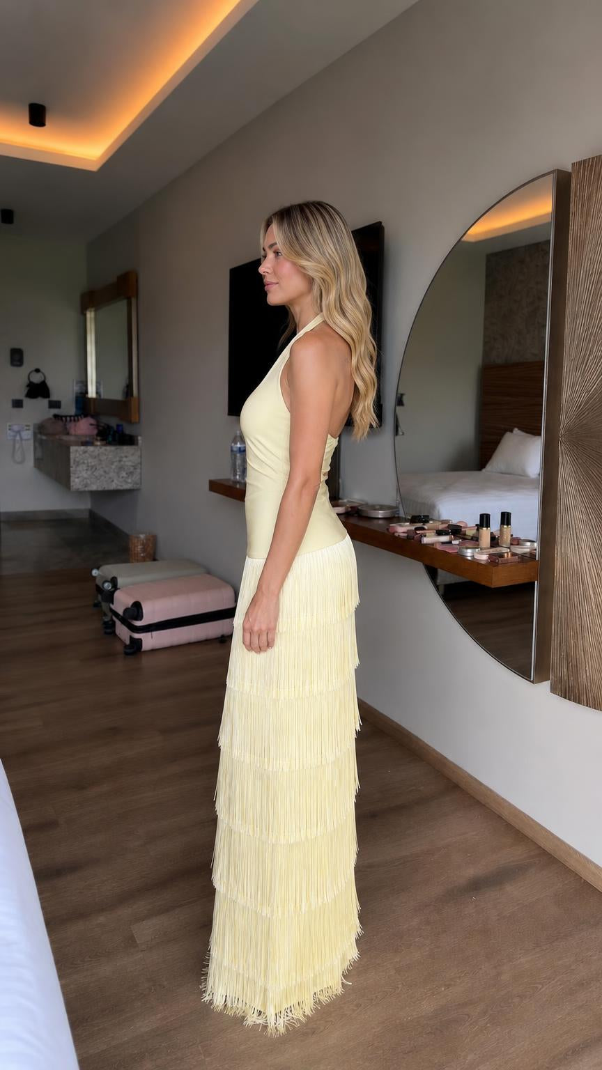 Halter Neck Tiered Fringe Maxi Dress - ryffhq