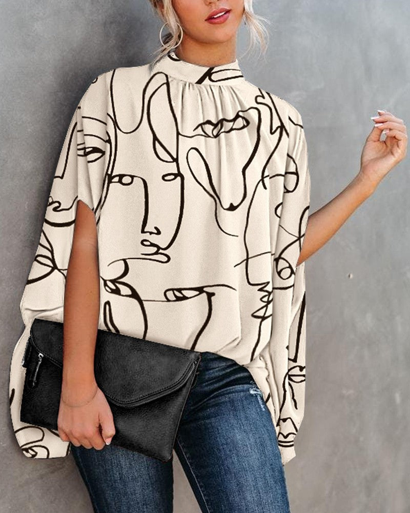 Round Neck Loose Doll Sleeve Print Shirt Top - ryffhq