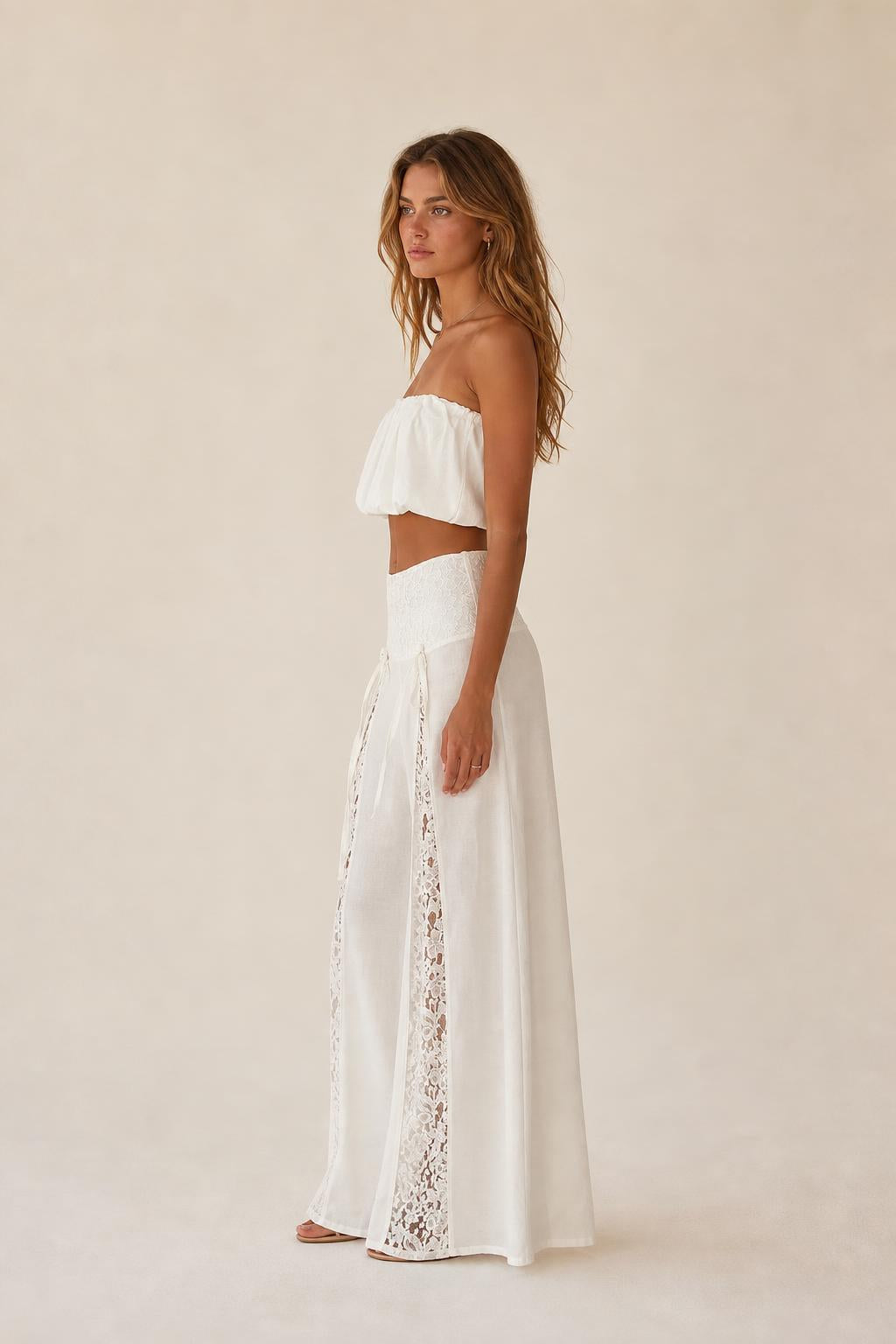 Boho Lace Panel Tube Top And Wide Leg Pants Set - ryffhq