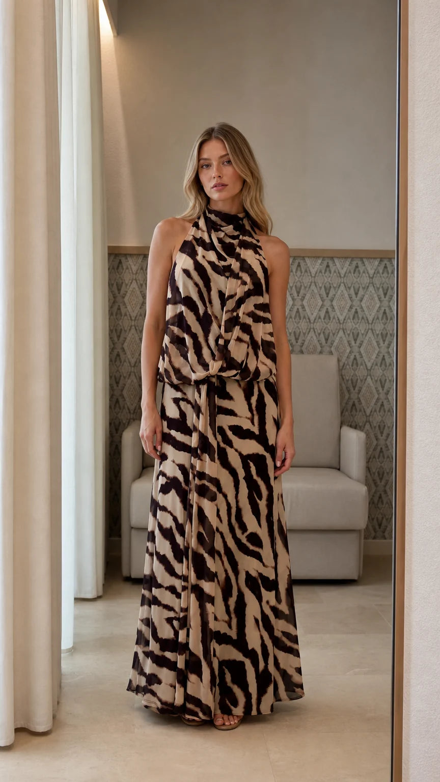 Animal Print Halter Neck Maxi Dress with Tie Detail - ryffhq