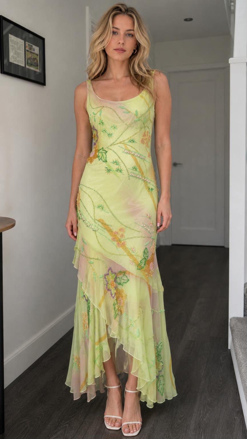 Floral Beaded Mesh Asymmetric Maxi Dress - ryffhq