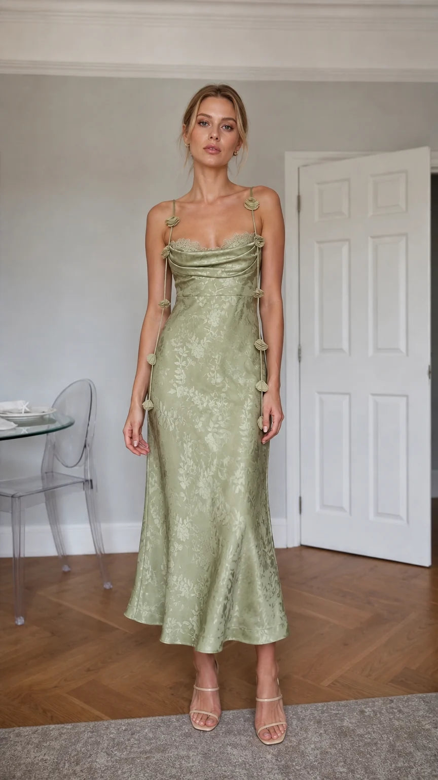 Satin Floral Jacquard Cowl Neck Midi Dress with Rosette Straps - ryffhq