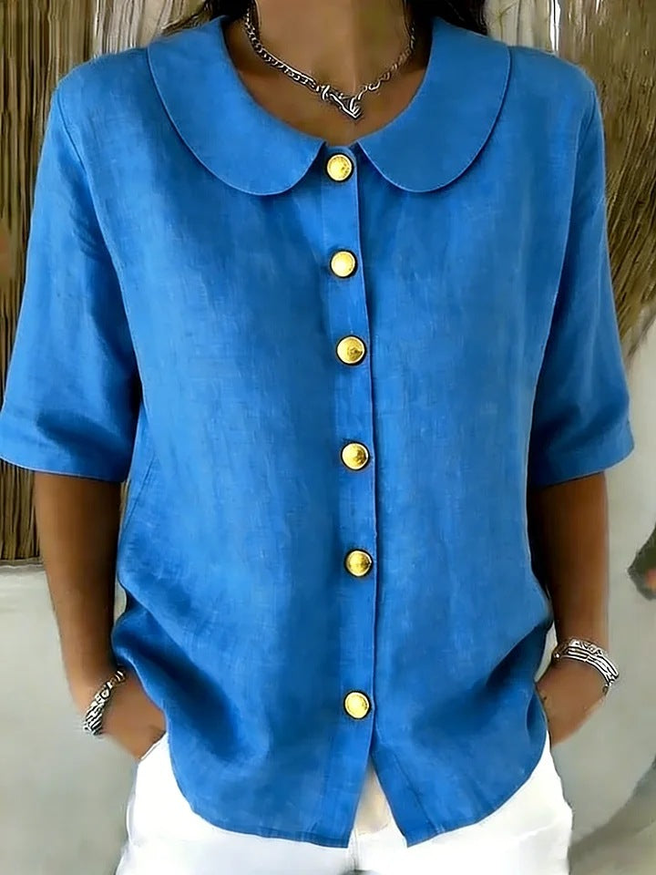 Elegant And Cotton-Linen Short-Sleeve Shirt With Buttons - ryffhq