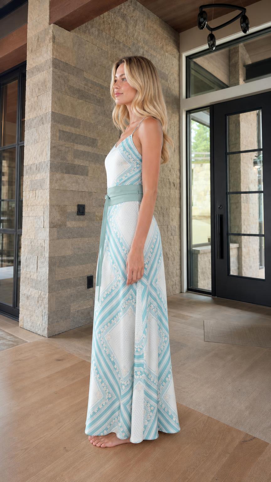 Geometric Print Maxi Dress with Matching Waist Sash - ryffhq