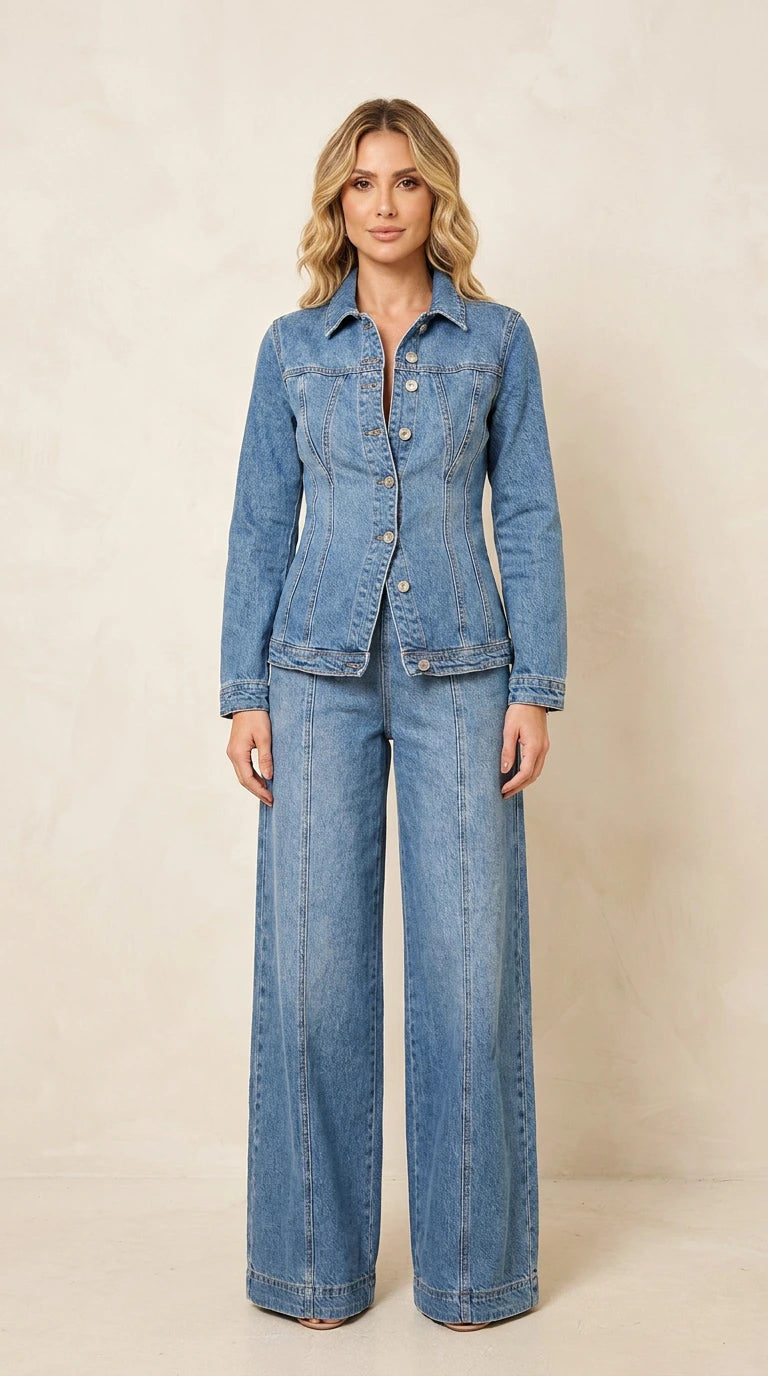 Denim Jacket and Wide-Leg Trouser Set - ryffhq