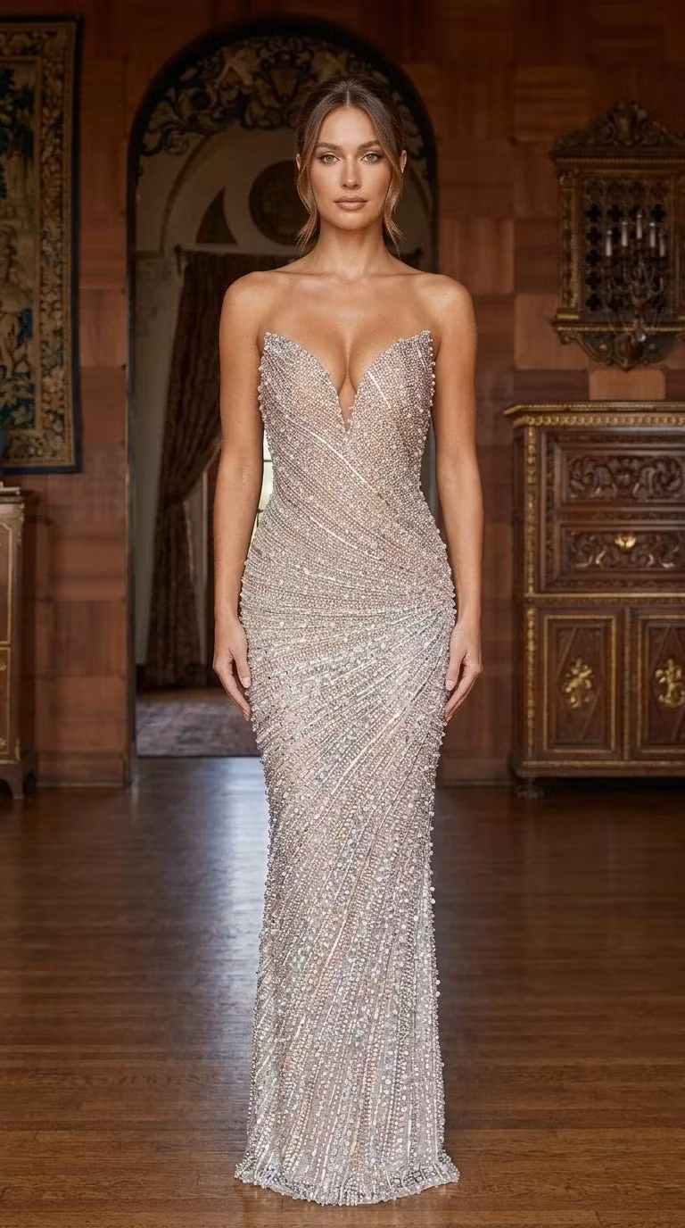 Sequin Embellished Strapless Evening Gown - ryffhq