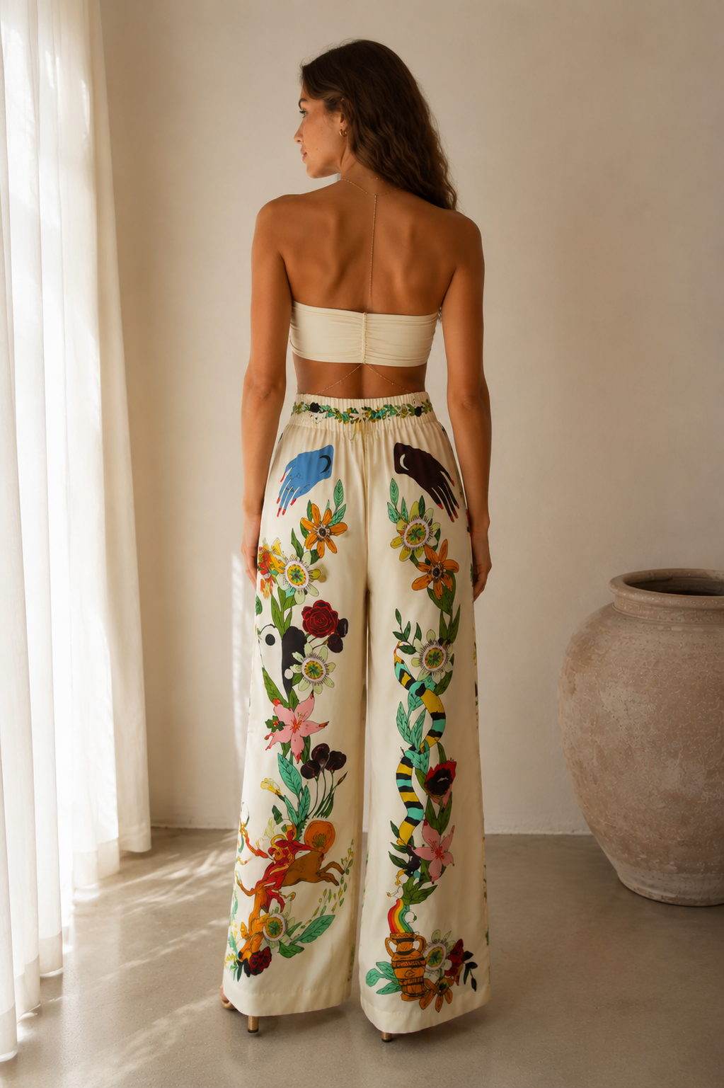 Strapless Bandeau Top & Floral Wide-Leg Pants Set - ryffhq