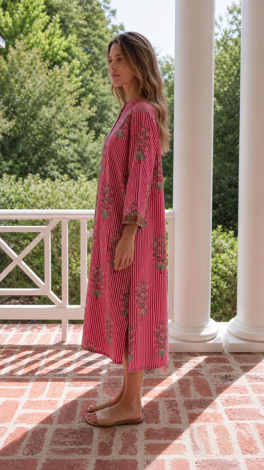 Striped Floral Print Midi Dress with Stand Collar - ryffhq