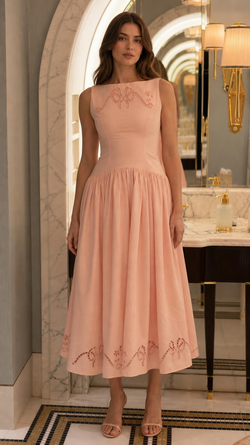 Elegant Embroidered Bow Sleeveless Midi Dress - ryffhq