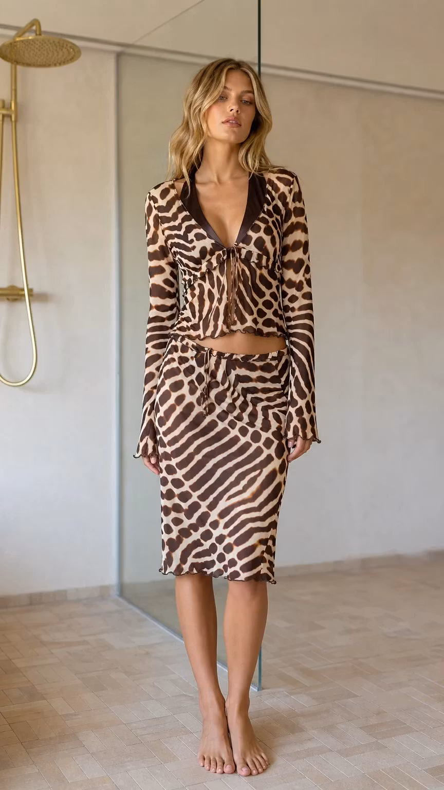 Animal Print Long Sleeve Crop Top and Midi Skirt Set - ryffhq