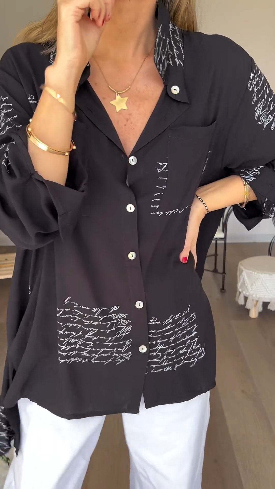 Letter Print Lapel Shirt - ryffhq
