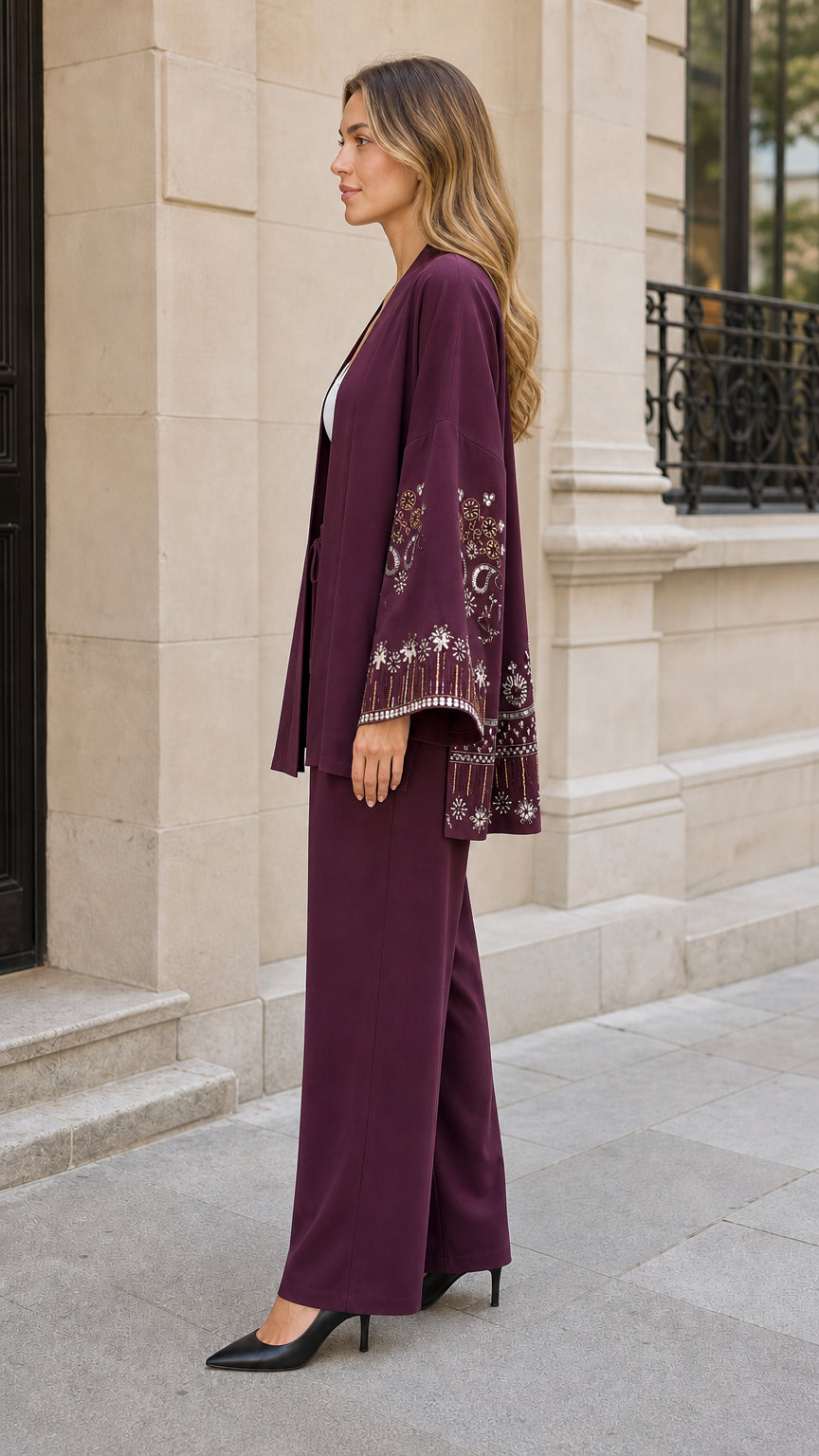 Embroidered Kimono Cardigan and Wide Leg Pants 2-Piece Set - ryffhq
