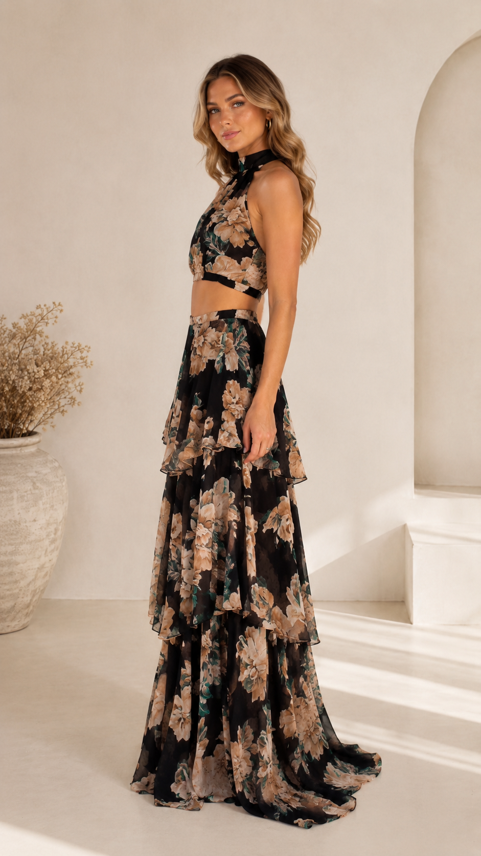Tiered Halter Two-Piece Maxi Dress Set - ryffhq