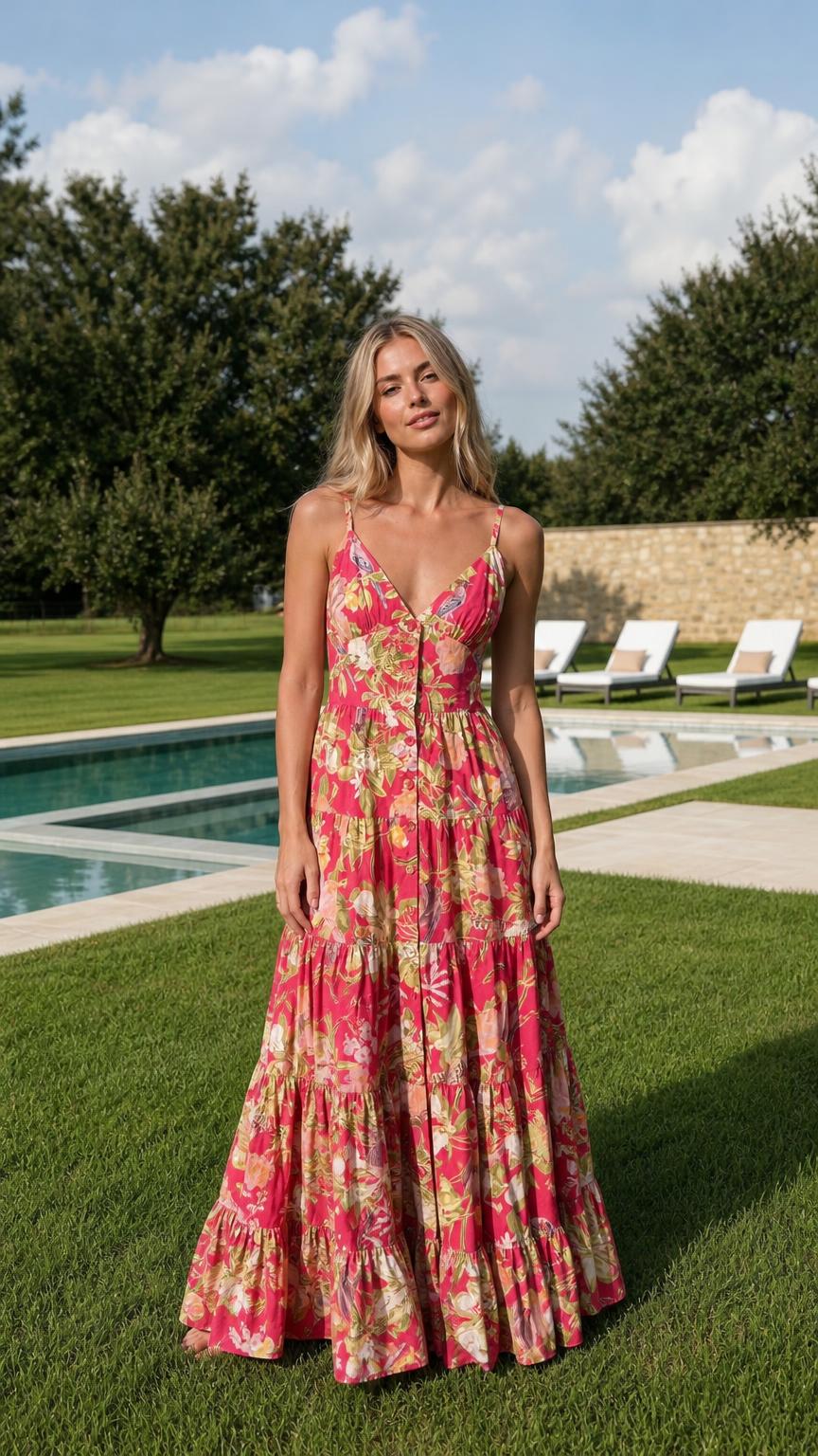 Floral Print V-Neck Spaghetti Strap Tiered Maxi Dress - ryffhq