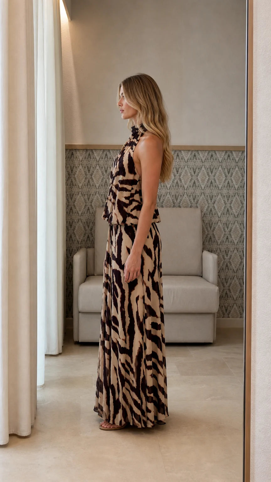 Animal Print Halter Neck Maxi Dress with Tie Detail - ryffhq