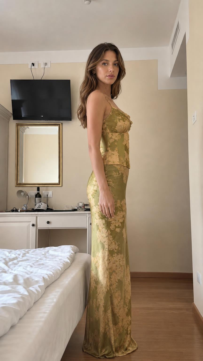 Floral Satin Corset Top and Maxi Skirt Two-Piece Set - ryffhq