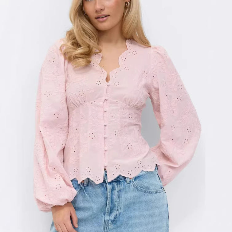 Lace-Trimmed Casual Solid-Color Shirt - ryffhq