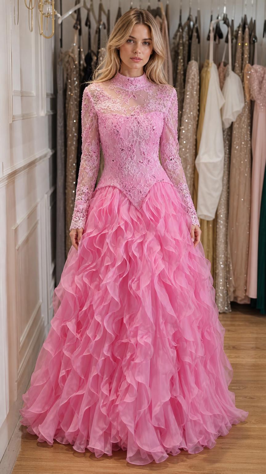 Long-Sleeve Lace Bodice Ruffled Long Evening Dress - ryffhq