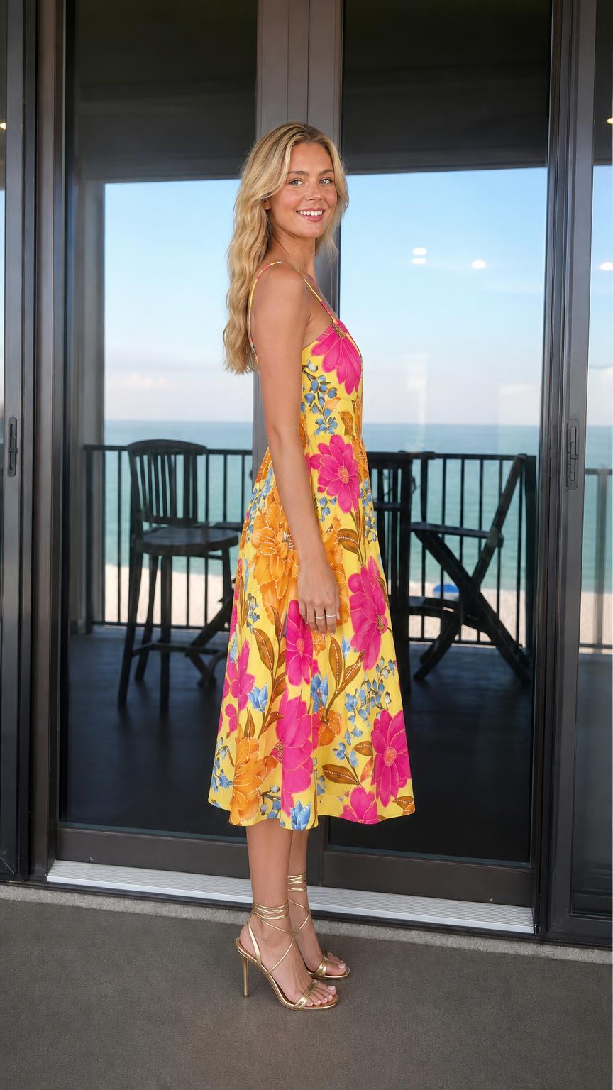 Vibrant Floral Print Square Neck Spaghetti Strap Midi Dress - ryffhq