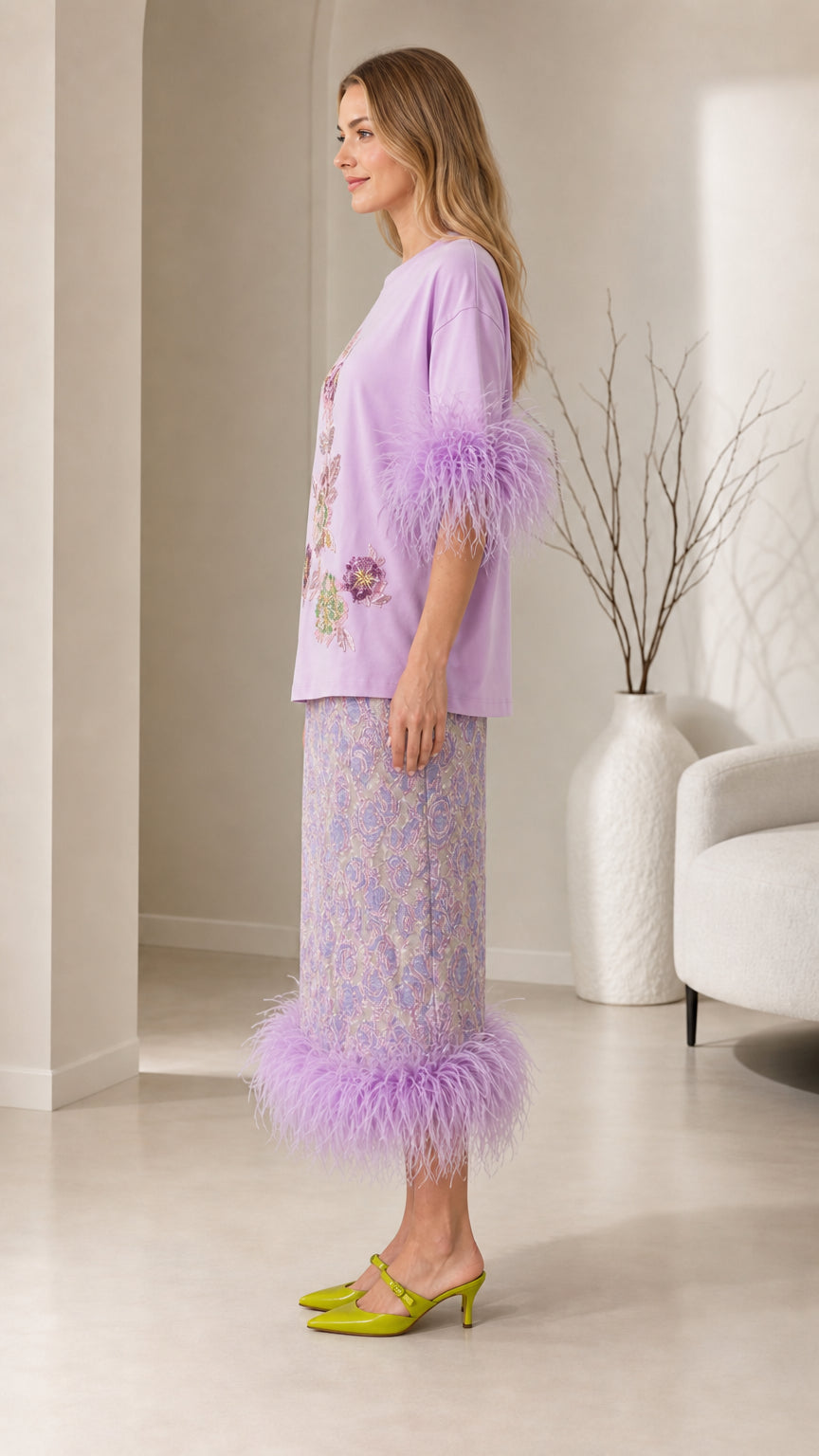 Sequin Floral Applique Feather Trim Top & Skirt Co-Ord Set - ryffhq