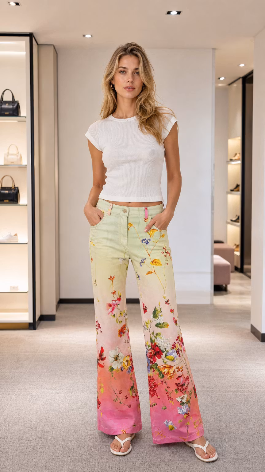 Floral Print Wide Leg Denim Trousers - ryffhq