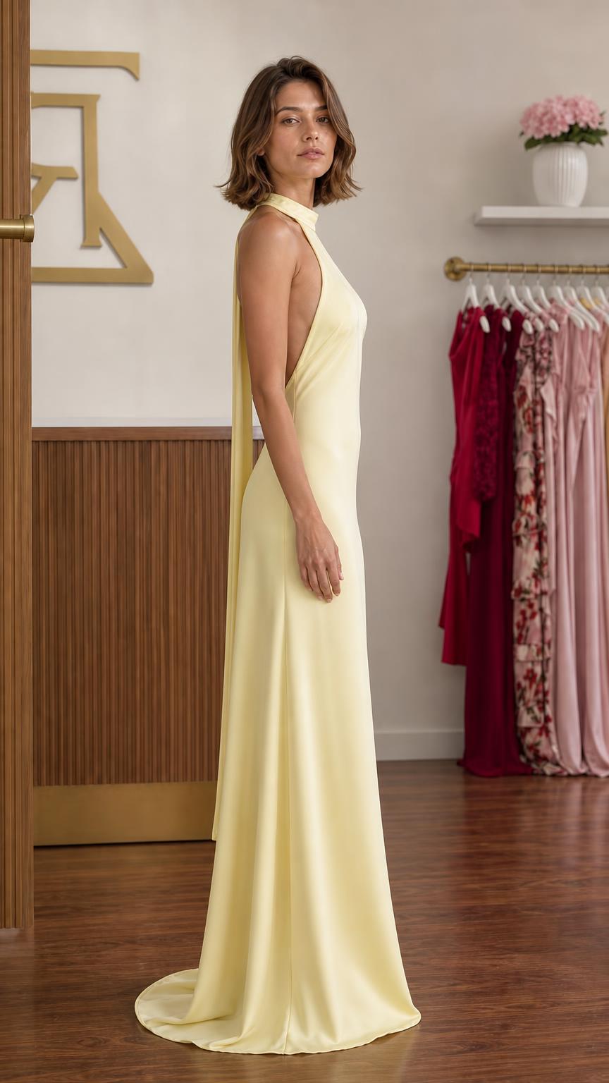 Sleeveless Open Back Satin Maxi Dress with Halter Neck - ryffhq