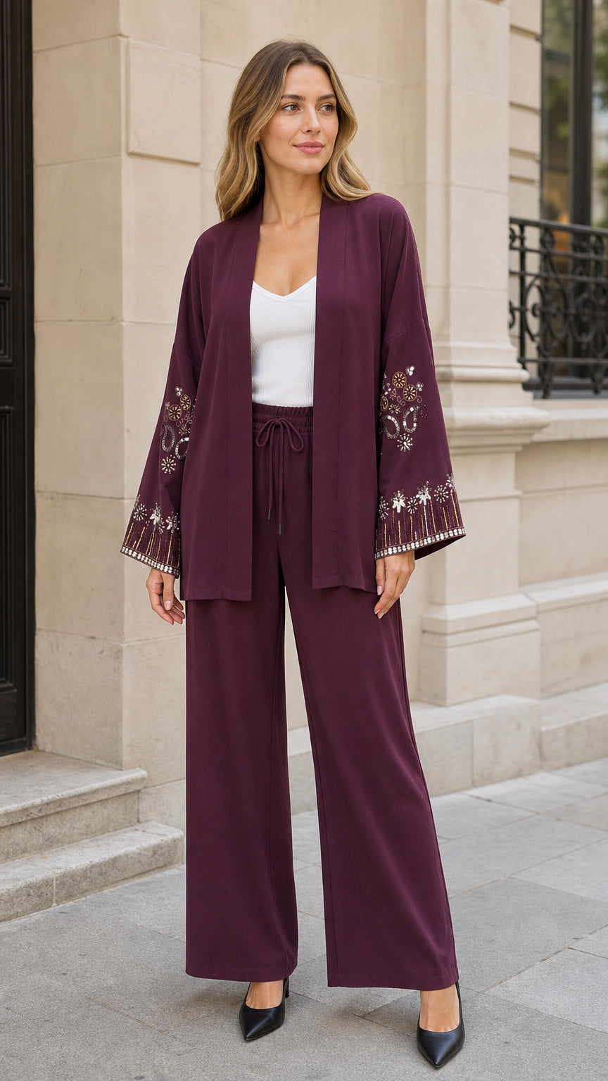 Embroidered Kimono Cardigan and Wide Leg Pants 2-Piece Set - ryffhq