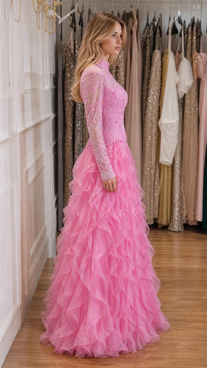 Long-Sleeve Lace Bodice Ruffled Long Evening Dress - ryffhq