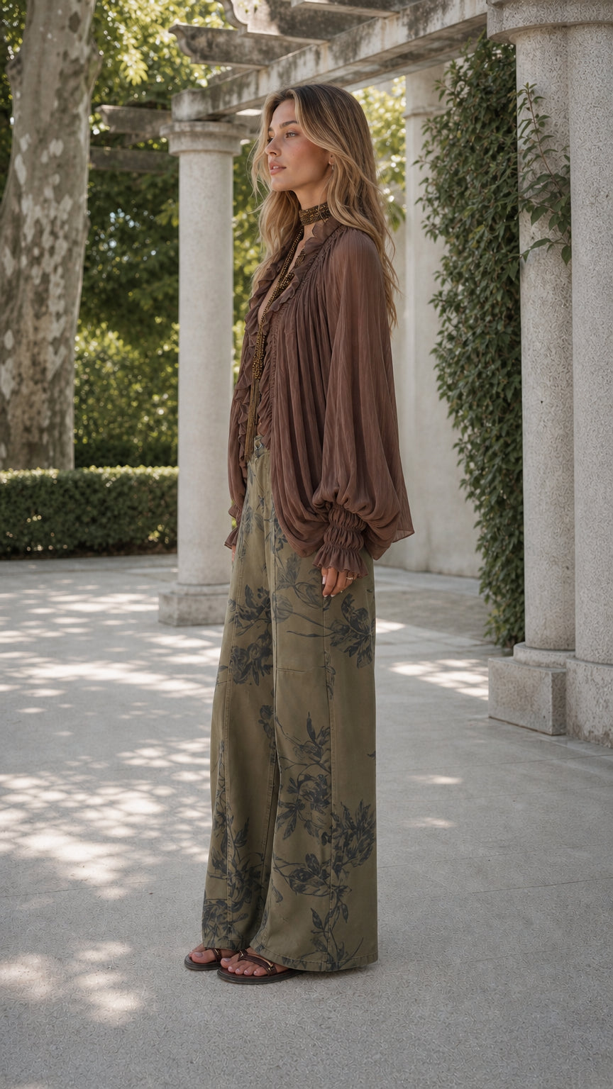 Bohemian Ruffle Blouse and Vintage Floral Wide-Leg Trouser Set - ryffhq