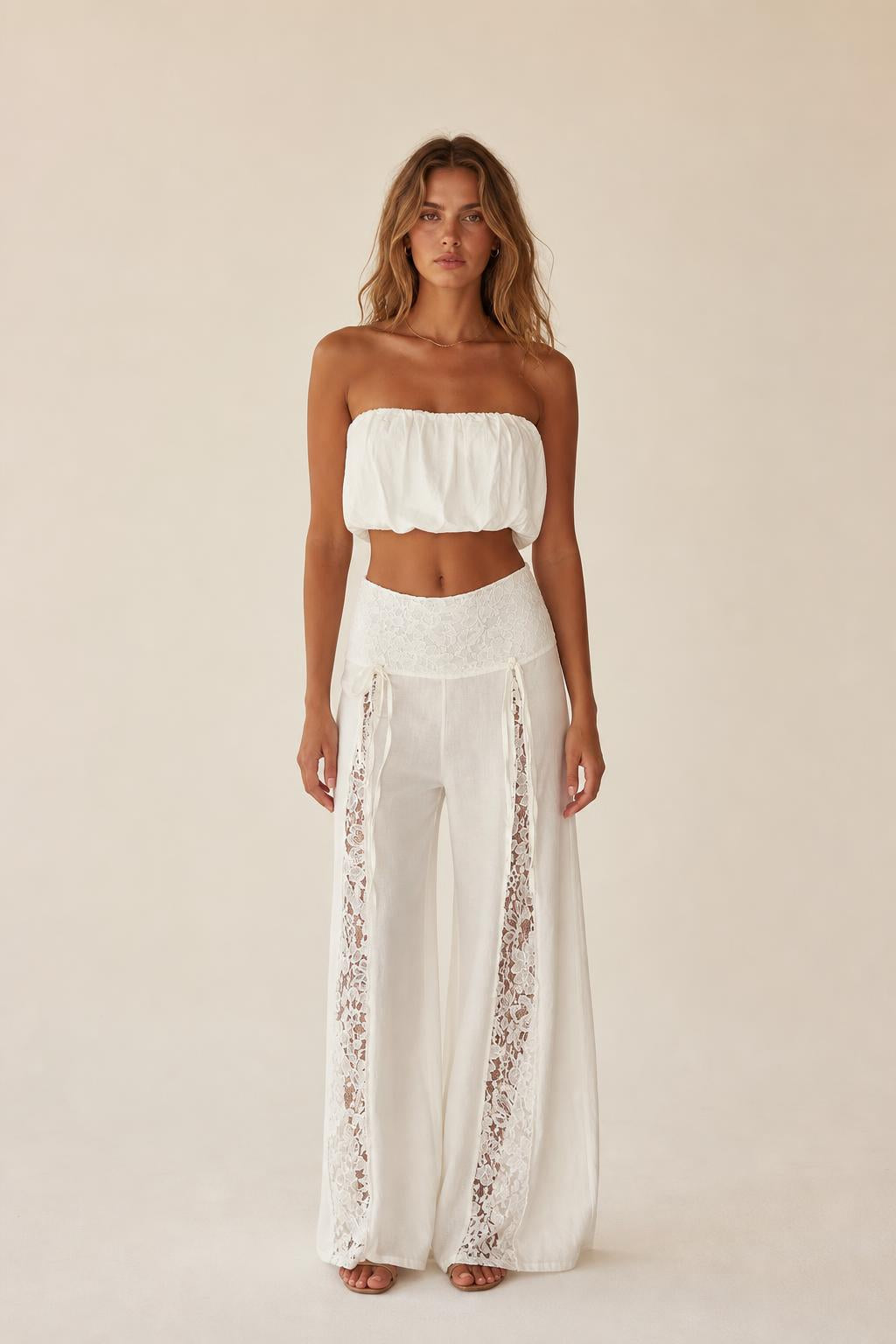 Boho Lace Panel Tube Top And Wide Leg Pants Set - ryffhq