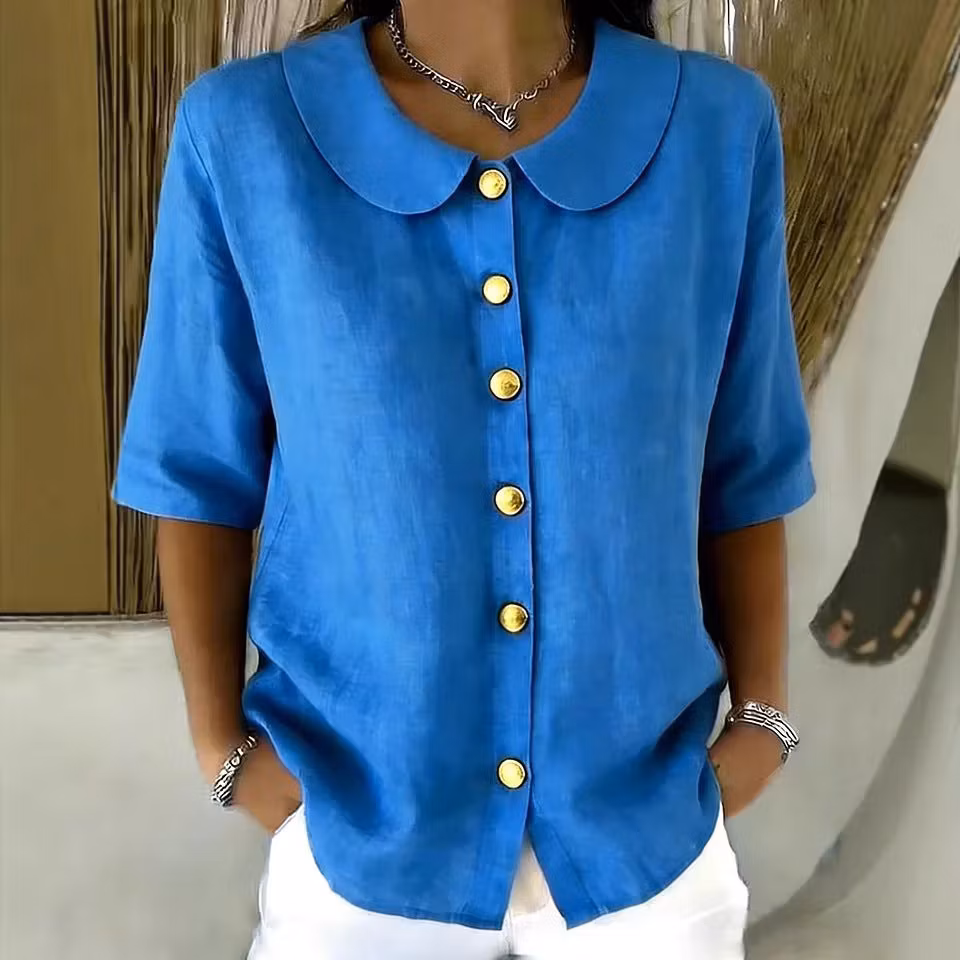 Elegant And Cotton-Linen Short-Sleeve Shirt With Buttons - ryffhq