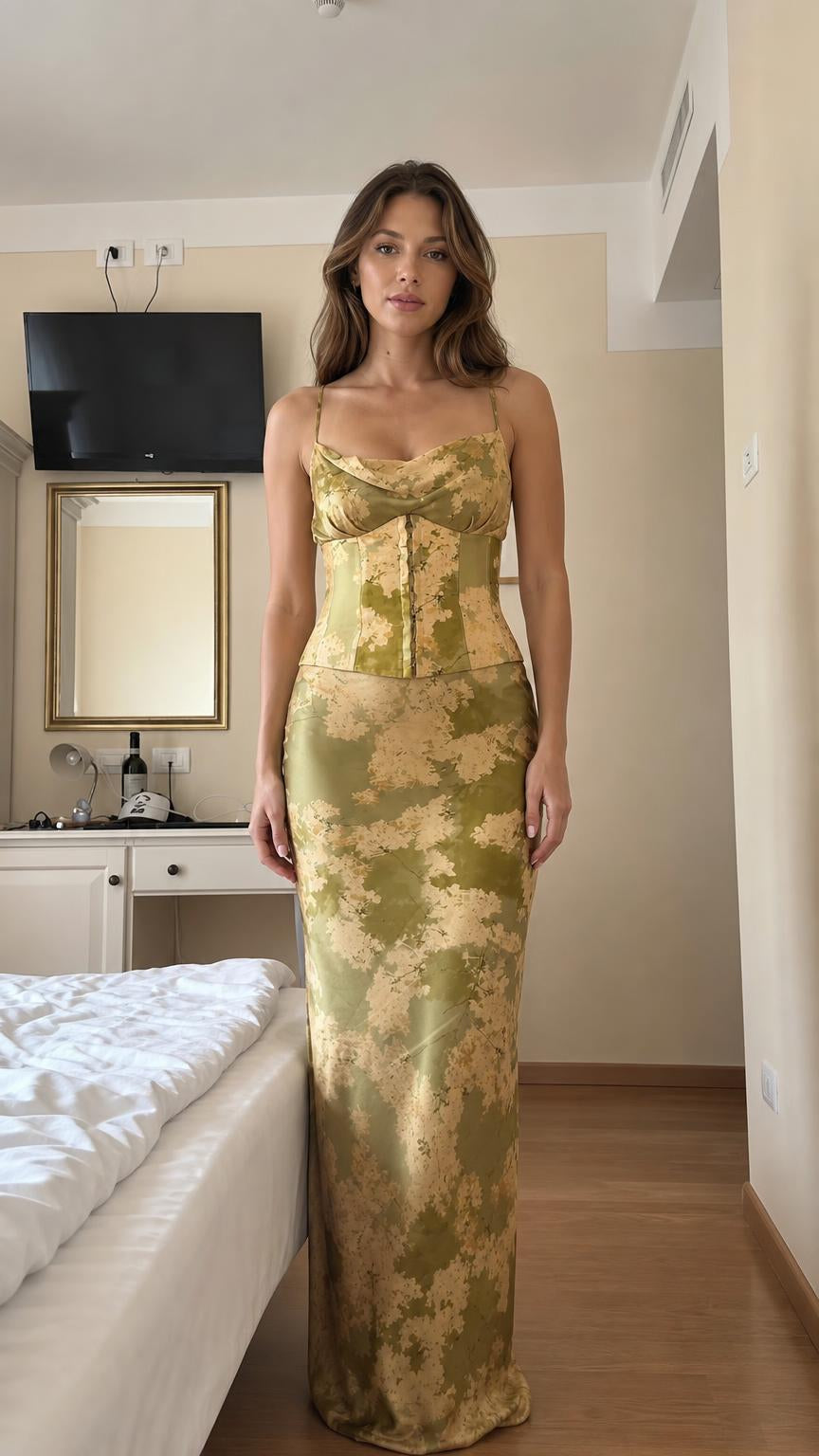 Floral Satin Corset Top and Maxi Skirt Two-Piece Set - ryffhq