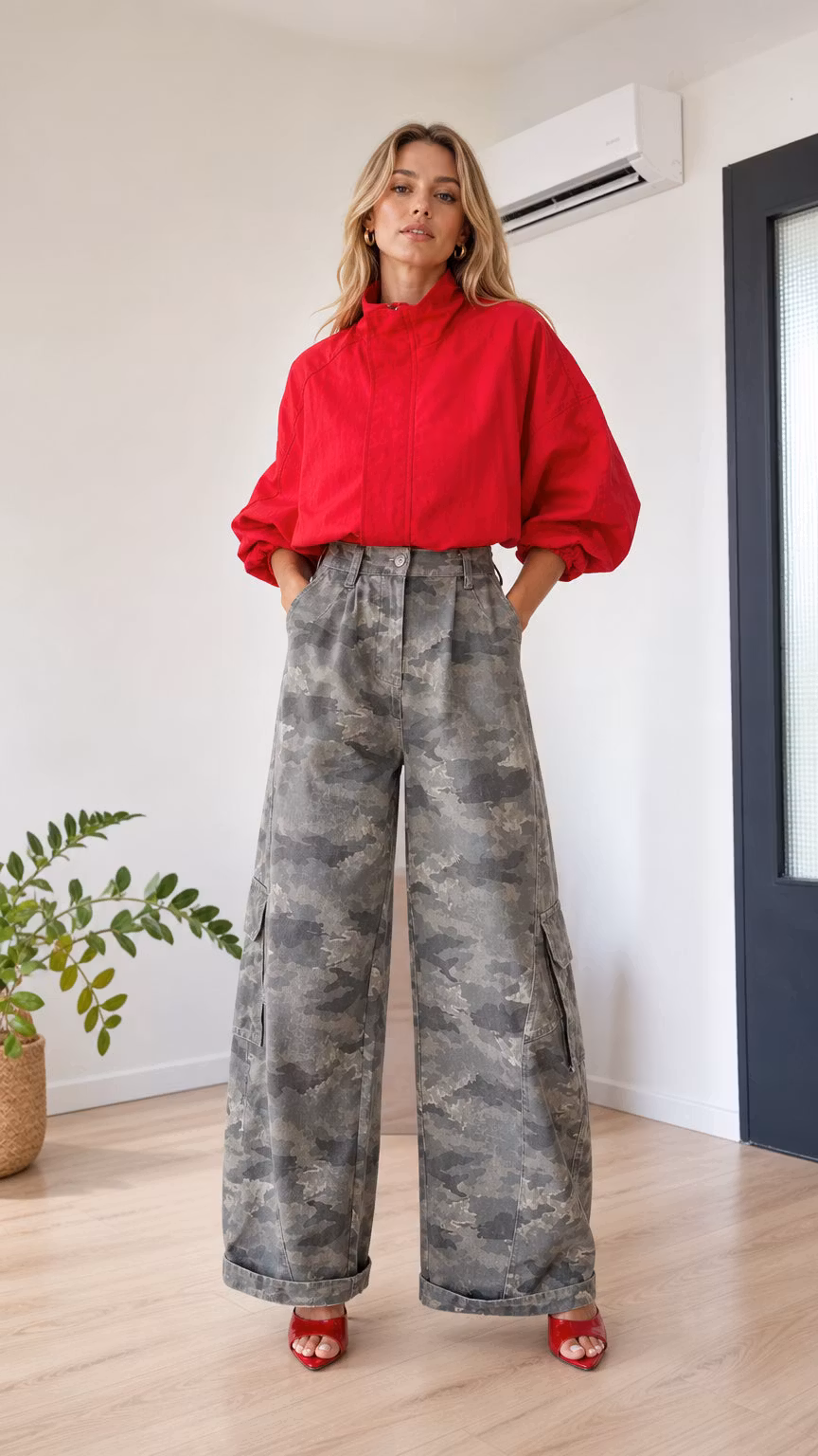 High-Waisted Camouflage Wide-Leg Cargo Pants with Pleats - ryffhq