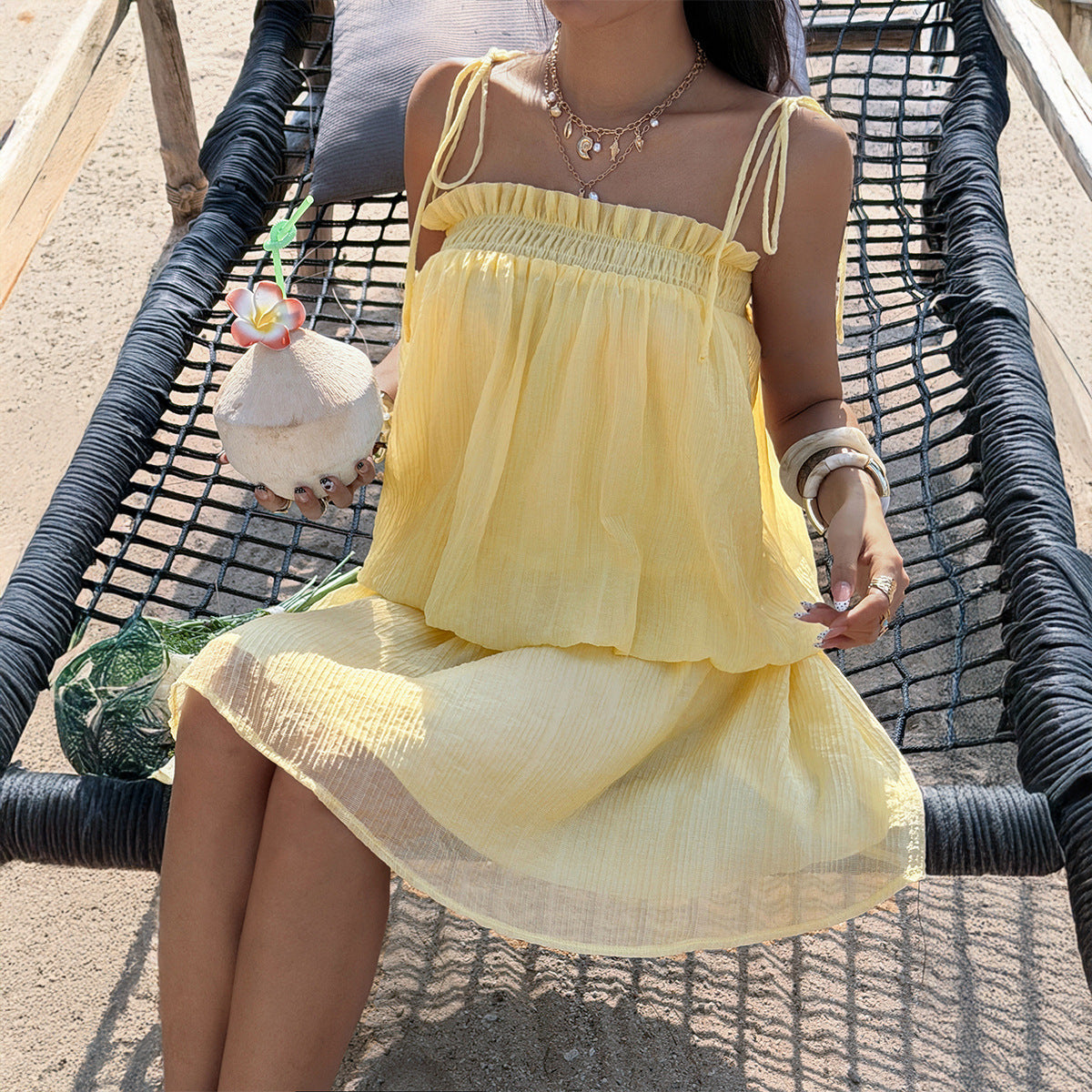 Resort-Style Casual Tie-Waist Solid-Color Set - ryffhq