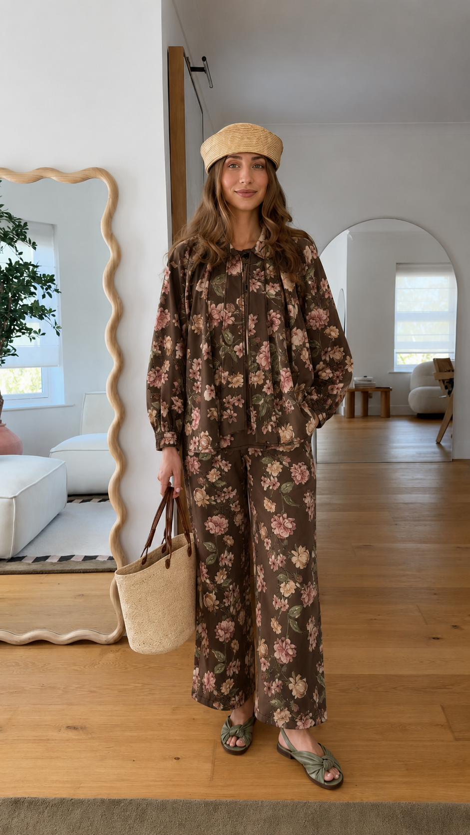 Floral Relaxed Two-Piece Lounge Set With Tie Neck Blouse And Wide-Leg - ryffhq