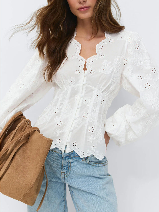 Lace-Trimmed Casual Solid-Color Shirt - ryffhq