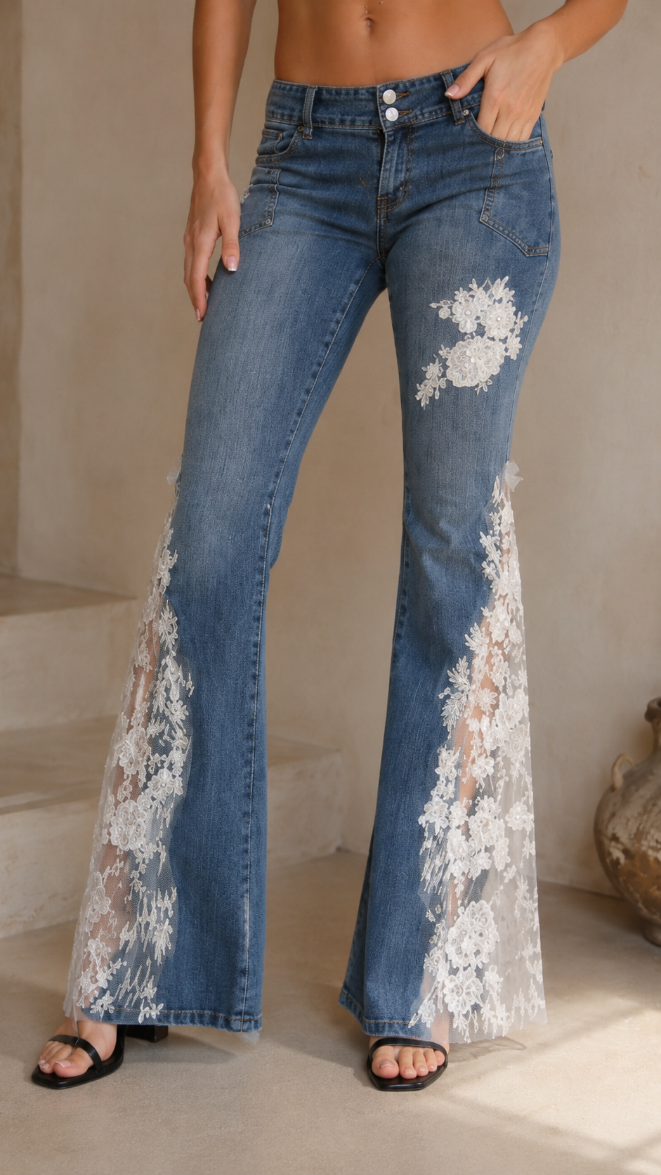 Floral Lace Inset Flare Jeans - High Rise Bell Bottom Denim - ryffhq