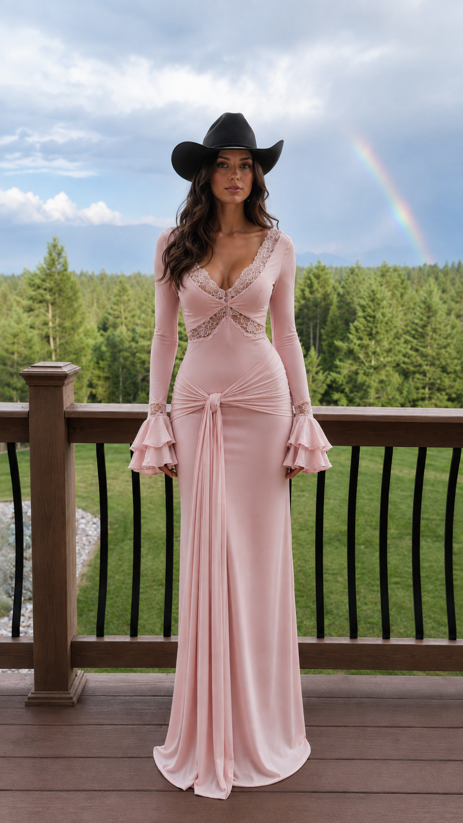 Western Lace-Trimmed Long-Sleeve Maxi Dress - ryffhq